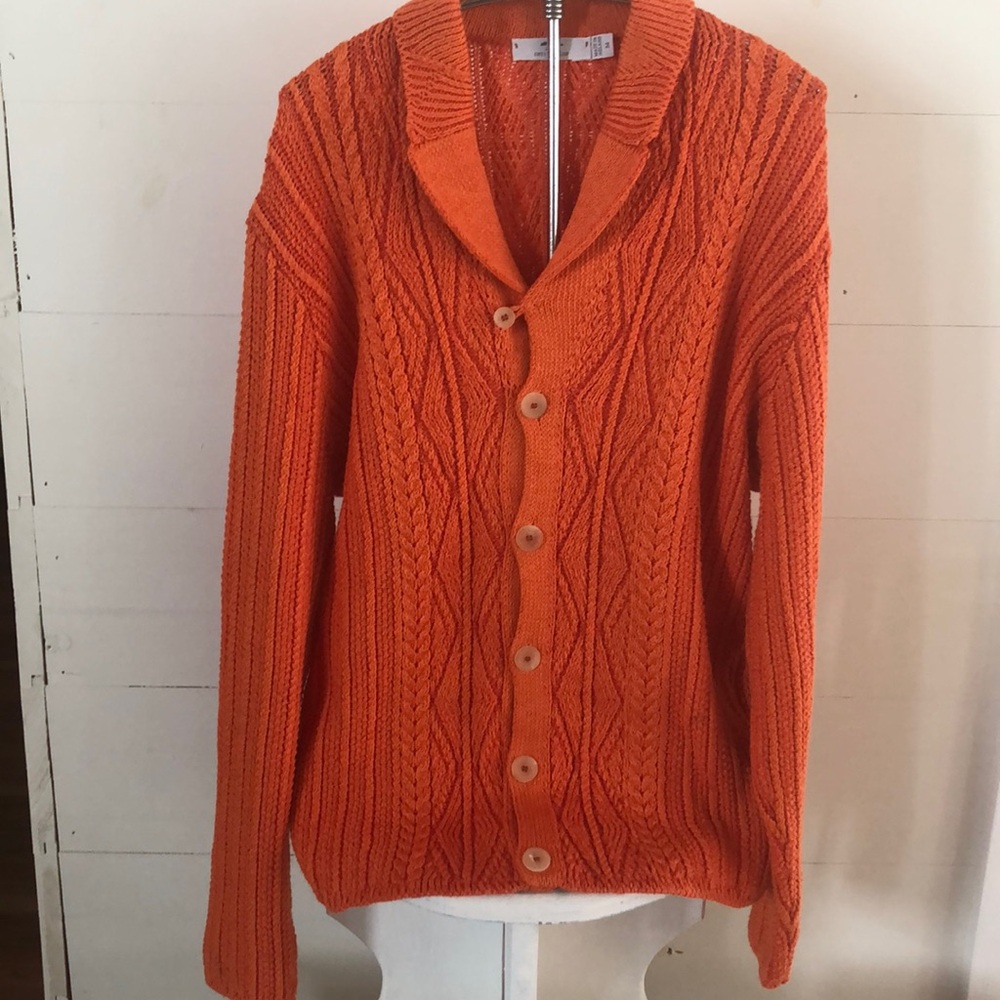 Inis Meáin Orange Shawl Collar Cardigan Sweater Size M Hand Knit in Ireland